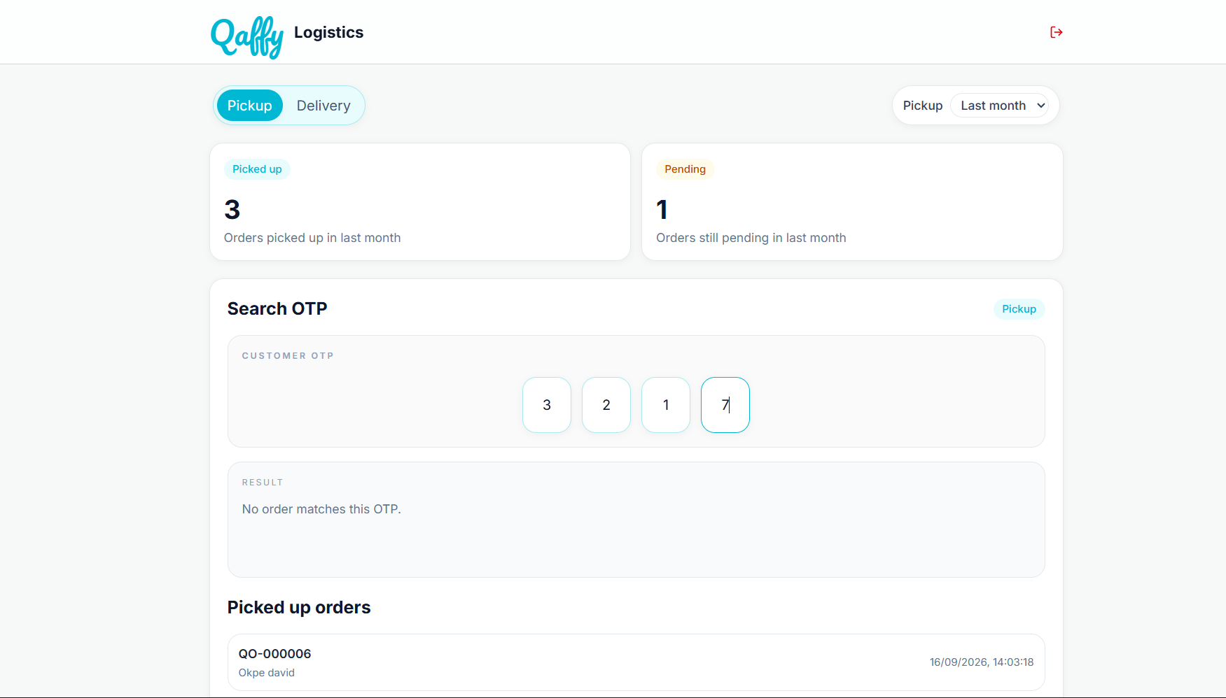 Qaffy logistics workspace for pickup, delivery, and OTP search